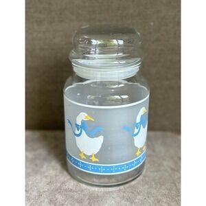 Vtg Storage Canister Jar Libbey Glass Goose with Blue Ribbon Frosted 7" Tall‎